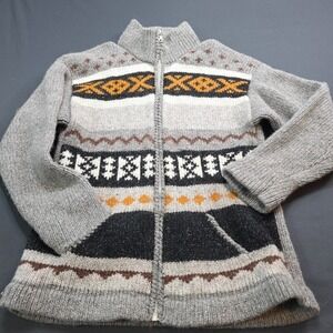 Vintage Hand Knit Cowichan Style Sweater Size L Wool Western Please See Photos